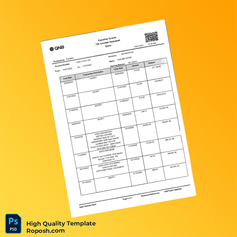 Qatar QNB Bank Statement Template in Word and PDF formats 7 page Qatar QNB Bank Statement Template in Word and PDF formats 7 page