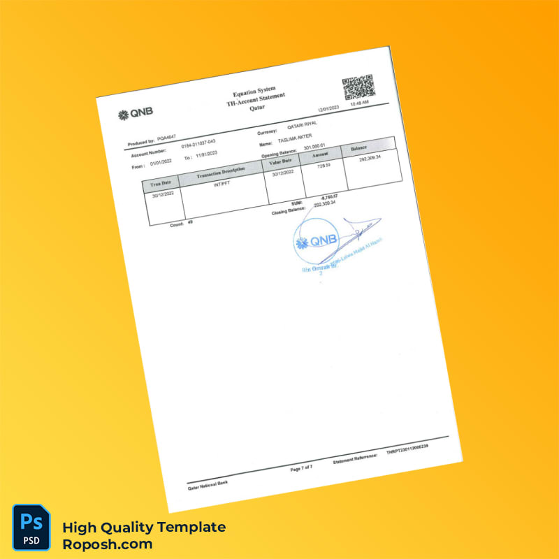 Qatar QNB Bank Statement Template in Word and PDF formats 7 page Qatar QNB Bank Statement Template in Word and PDF formats 7 page