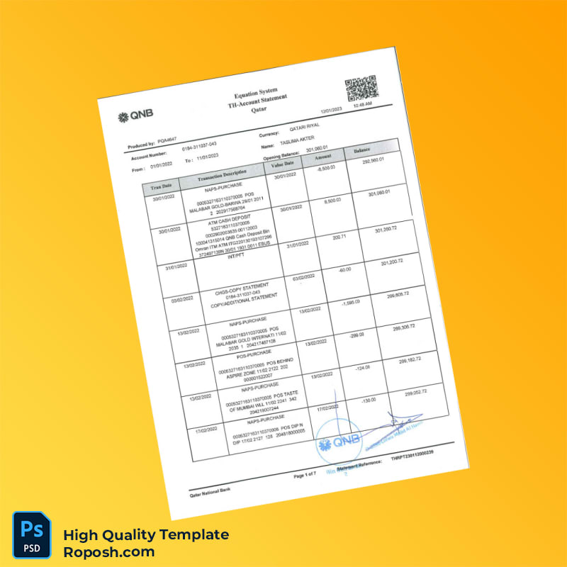 Qatar QNB Bank Statement Template in Word and PDF formats 7 page Qatar QNB Bank Statement Template in Word and PDF formats 7 page