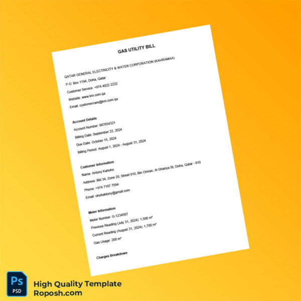 Qatar Qatar General Electricity Water Corporation Kahramaa Editable Gas Utility Bill Template in Word and PDF formats 2 page