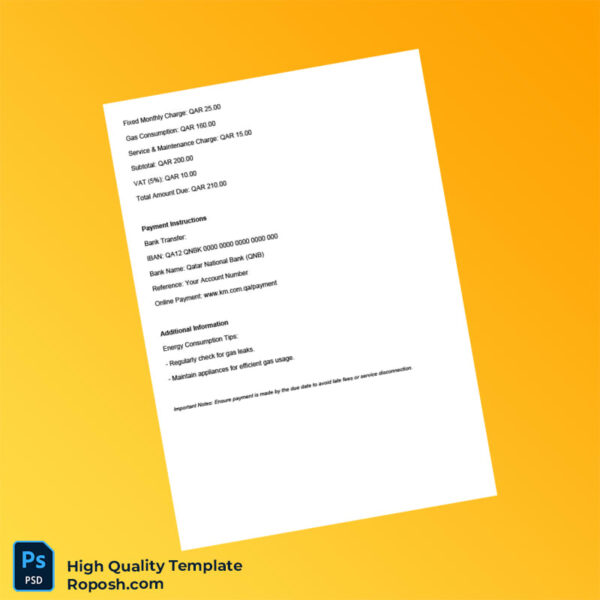 Qatar Qatar General Electricity Water Corporation Kahramaa Editable Gas Utility Bill Template in Word and PDF formats 2 page