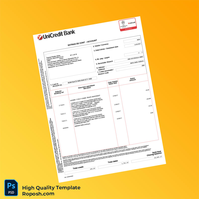 Romania UniCredit Bank Statement Template in Word and PDF formats 2 page Romania UniCredit Bank Statement Template in Word and PDF formats 2 page
