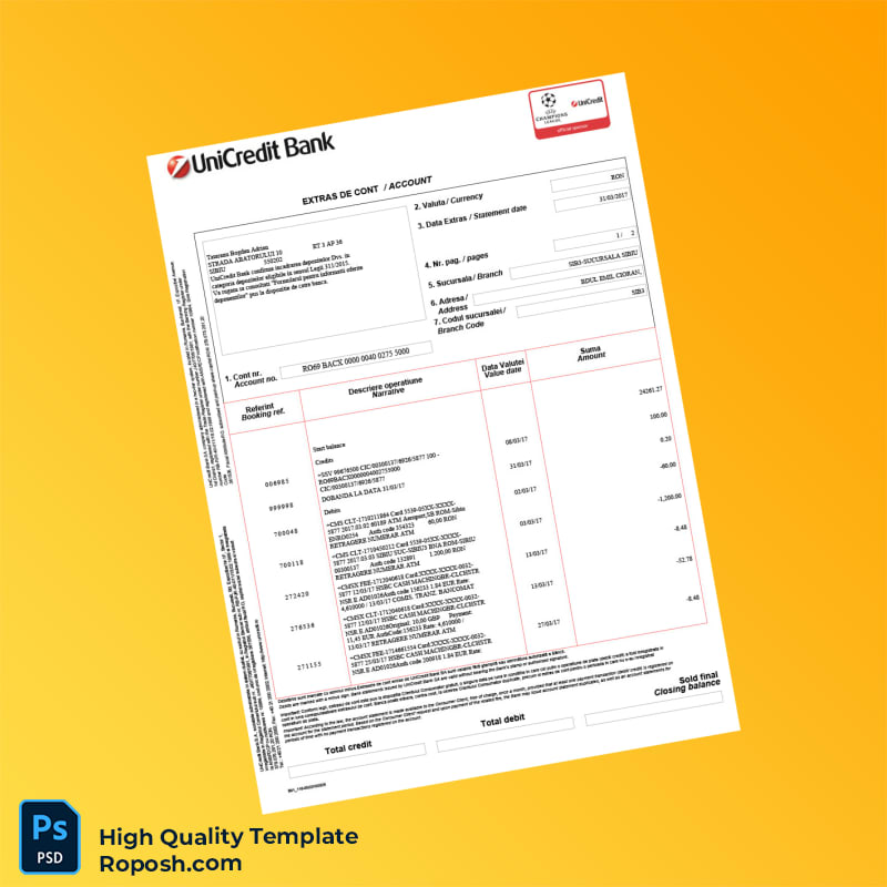 Romania UniCredit Bank Statement Template in Word and PDF formats 2 page Romania UniCredit Bank Statement Template in Word and PDF formats 2 page