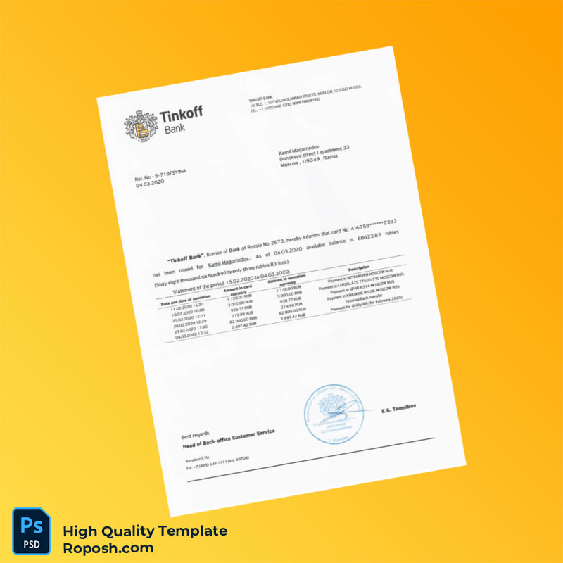 Russia Tinkoff Bank Statement Template in Word and PDF formats Russia Tinkoff Bank Statement Template in Word and PDF formats
