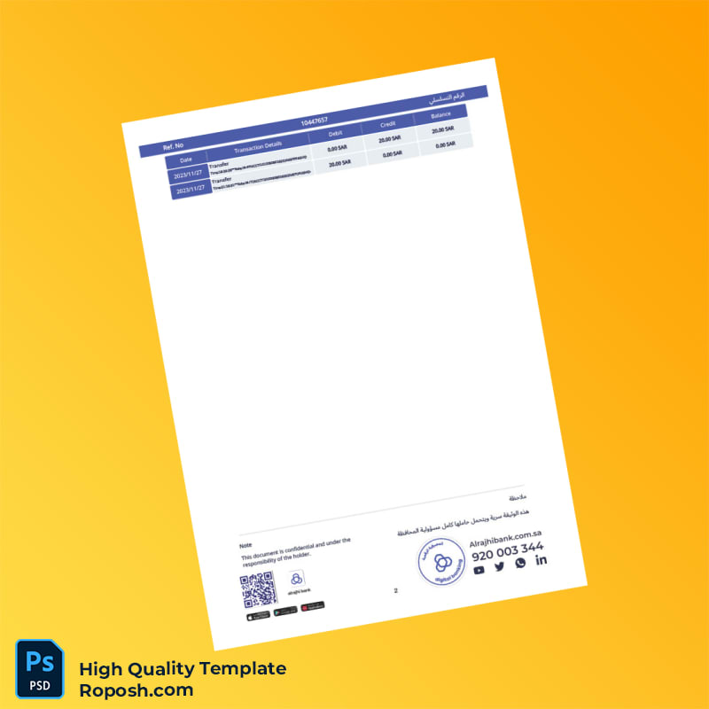 Saudi Arabia Al Rajhi Bank Account Statement Template in Word and PDF formats 2 page Saudi Arabia Al Rajhi Bank Account Statement Template in Word and PDF formats 2 page