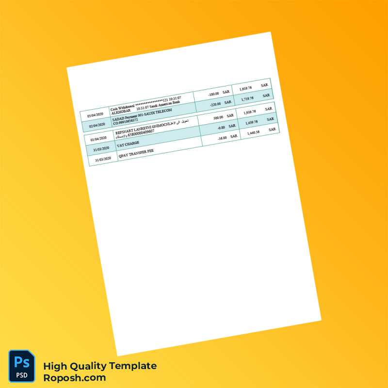 Saudi Arabia NCB Bank Statement Template in Word and PDF formats 2 page Saudi Arabia NCB Bank Statement Template in Word and PDF formats 2 page
