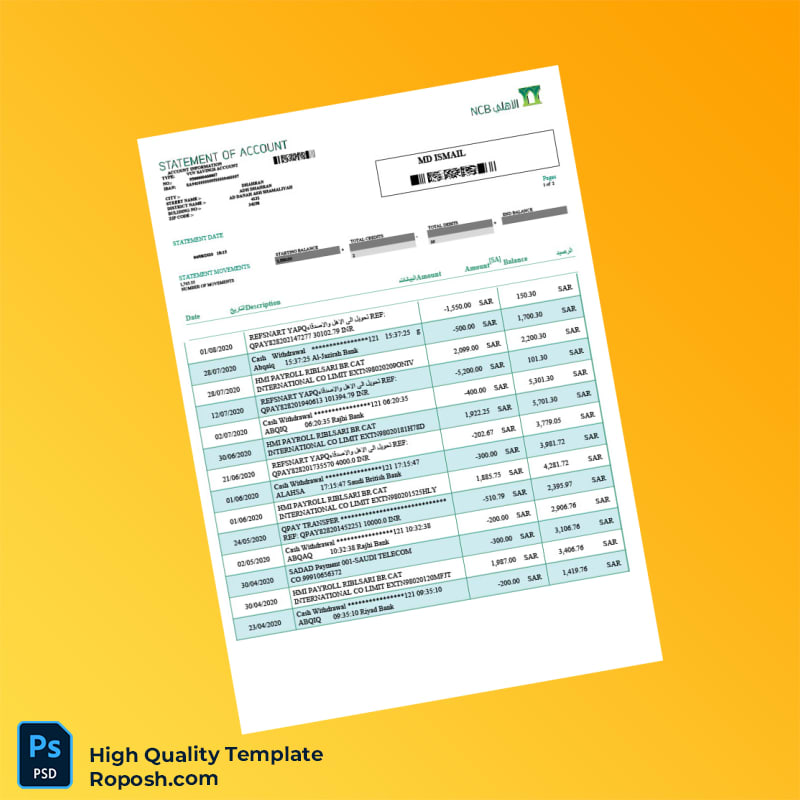 Saudi Arabia NCB Bank Statement Template in Word and PDF formats 2 page Saudi Arabia NCB Bank Statement Template in Word and PDF formats 2 page