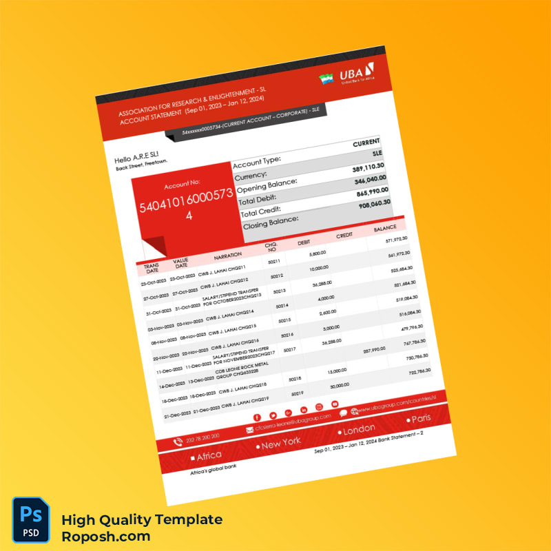 Sierra Leone UBA Bank Statement Template in Word and PDF formats 3 page Sierra Leone UBA Bank Statement Template in Word and PDF formats 3 page