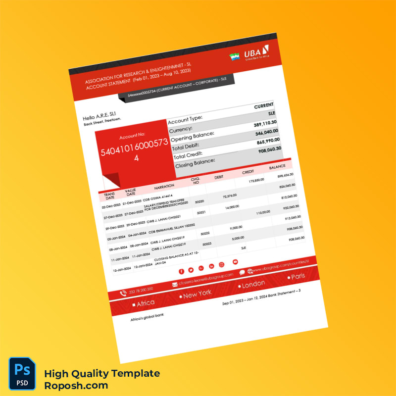 Sierra Leone UBA Bank Statement Template in Word and PDF formats 3 page Sierra Leone UBA Bank Statement Template in Word and PDF formats 3 page