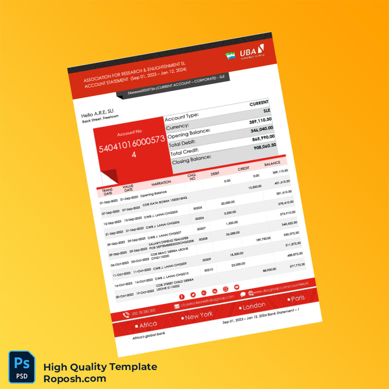 Sierra Leone UBA Bank Statement Template in Word and PDF formats 3 page Sierra Leone UBA Bank Statement Template in Word and PDF formats 3 page