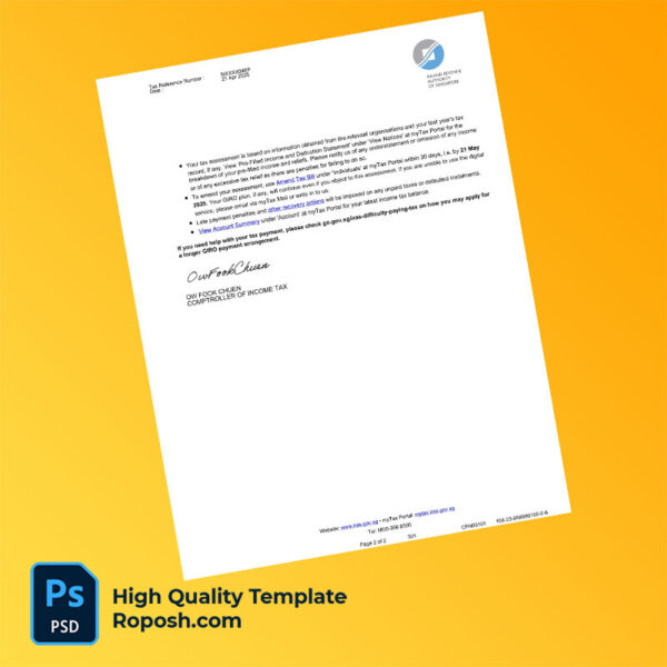 Singapore Inland Revenue Authority of Singapore Editable Income Tax Notice of Assessment Template in Word and PDF formats