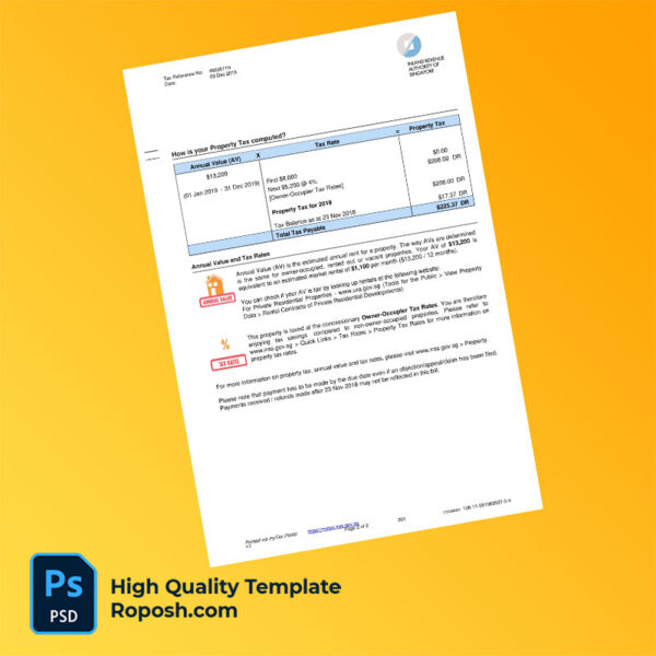 Singapore Inland Revenue Authority of Singapore Editable Property Tax Bill Template in Word and PDF formats