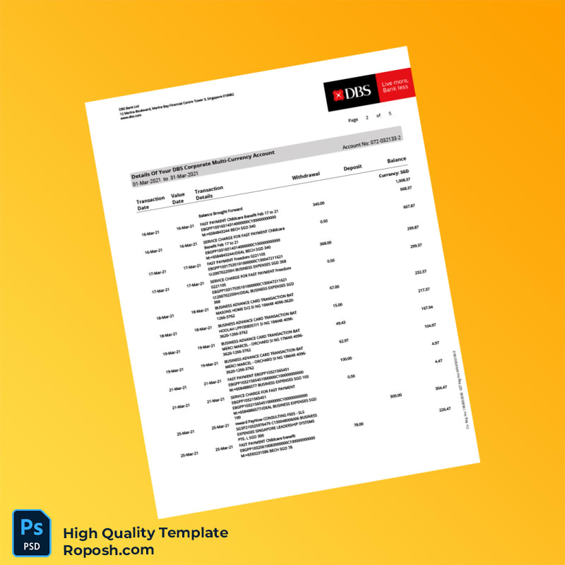 Singapore DBS Account Statement Template in Word and PDF formats 5 page Singapore DBS Account Statement Template in Word and PDF formats 5 page