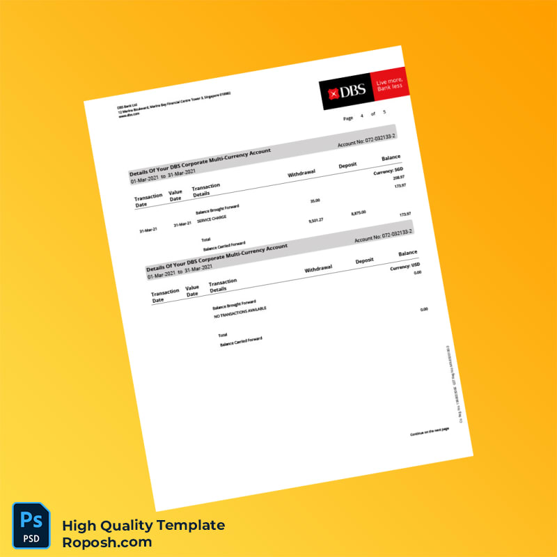 Singapore DBS Account Statement Template in Word and PDF formats 5 page Singapore DBS Account Statement Template in Word and PDF formats 5 page