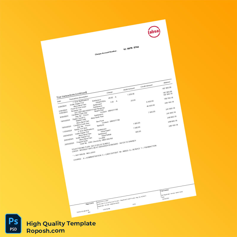 South Africa Absa Bank Cheque Account Statement Template in Word and PDF formats 2 page South Africa Absa Bank Cheque Account Statement Template in Word and PDF formats 2 page