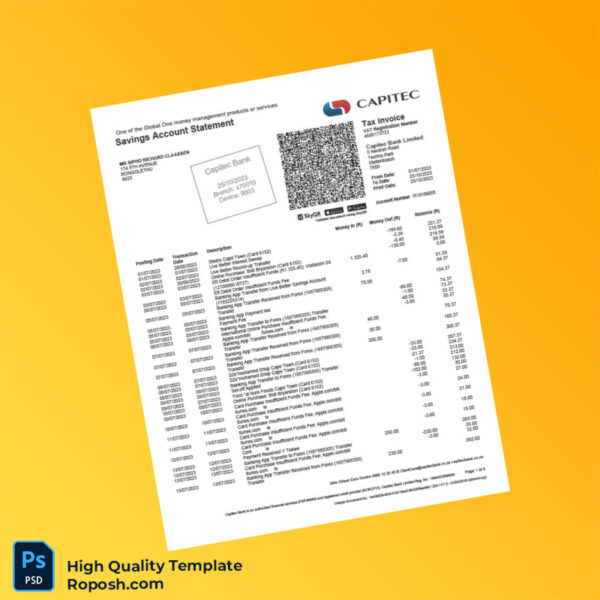 South Africa Capitec Bank Savings Statement Template in Word and PDF formats 8 page
