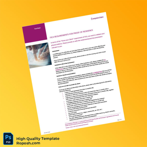 South Africa Computershare Editable FICA Requirements Fact Sheet Proof of Residence Template in Word and PDF formats