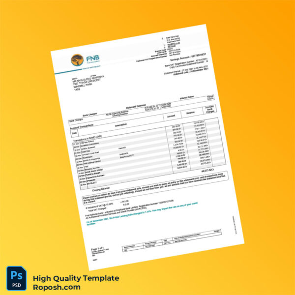 South Africa First National Bank Bank Statement Template in Word and PDF formats