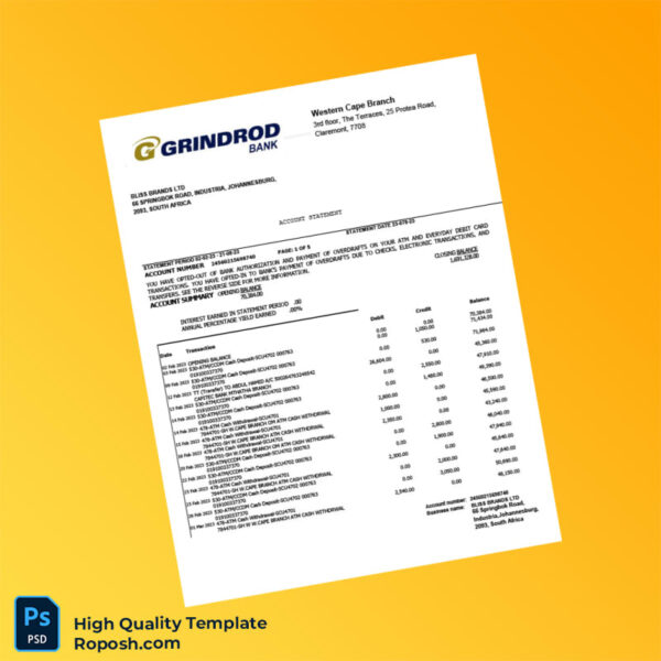 South Africa Grindrod Bank Statement Template in Word and PDF formats 5 page