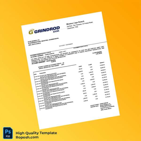 South Africa Grindrod Bank Statement Template in Word and PDF formats 5 page