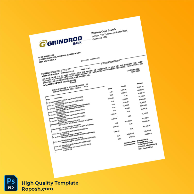 South Africa Grindrod Bank Statement Template in Word and PDF formats 5 page South Africa Grindrod Bank Statement Template in Word and PDF formats 5 page