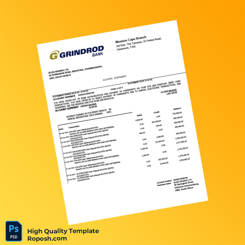 South Africa Grindrod Bank Statement Template in Word and PDF formats 5 page South Africa Grindrod Bank Statement Template in Word and PDF formats 5 page