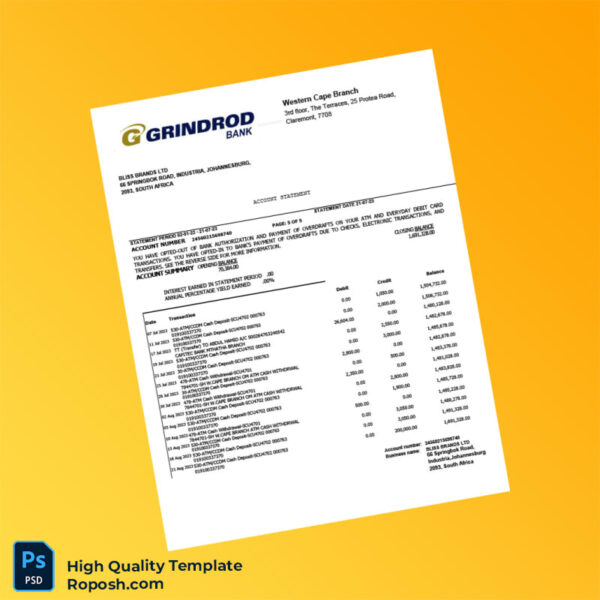 South Africa Grindrod Bank Statement Template in Word and PDF formats 5 page