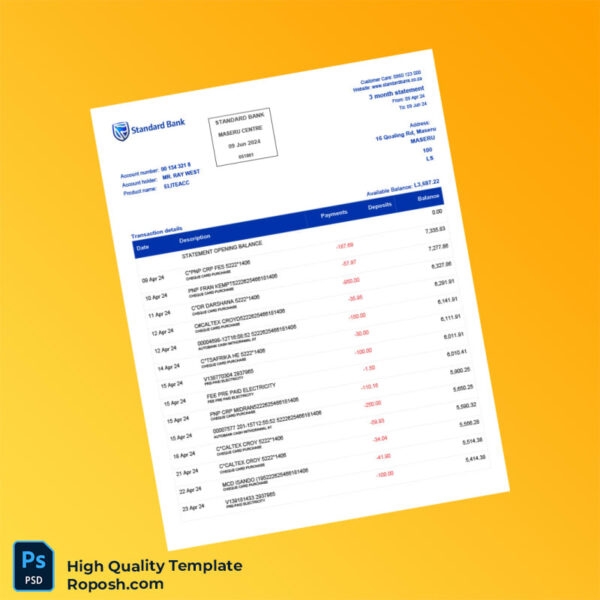 South Africa Standard Bank Statement Template in Word and PDF formats 4 page