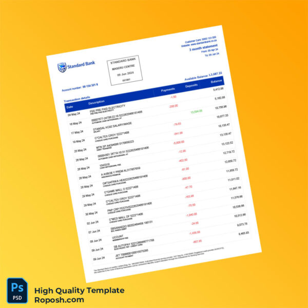 South Africa Standard Bank Statement Template in Word and PDF formats 4 page