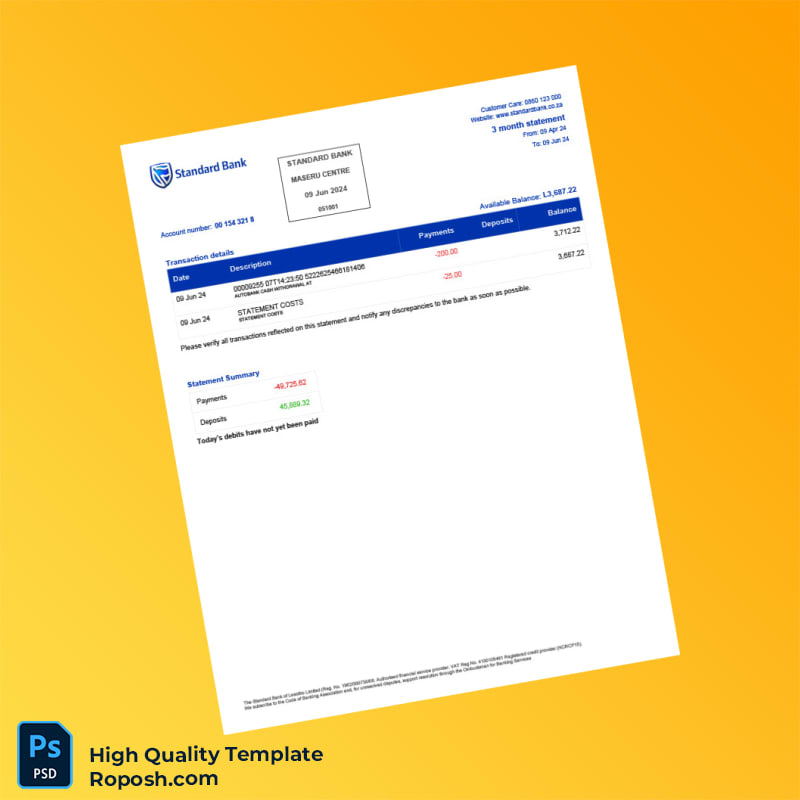South Africa Standard Bank Statement Template in Word and PDF formats 4 page South Africa Standard Bank Statement Template in Word and PDF formats 4 page