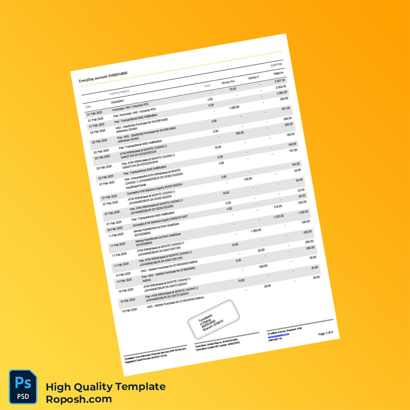 South Africa TymeBank Personal Bank Statement Template in Word and PDF formats 6 page South Africa TymeBank Personal Bank Statement Template in Word and PDF formats 6 page
