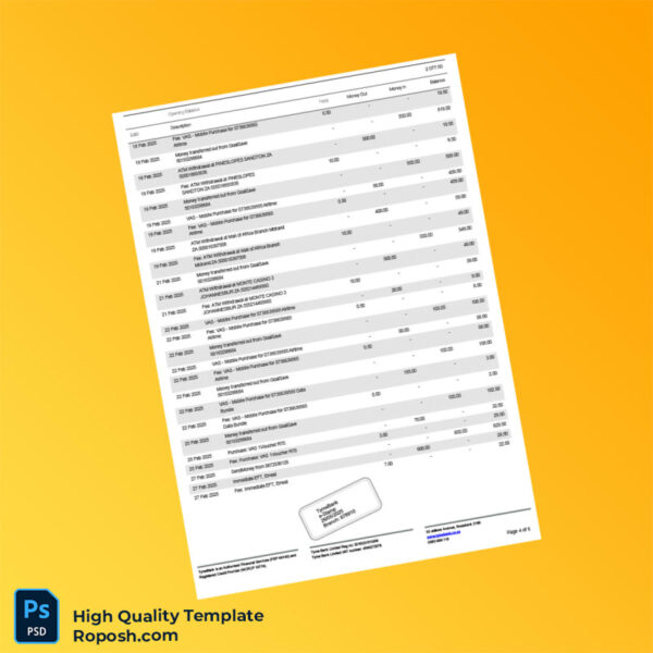South Africa TymeBank Personal Bank Statement Template in Word and PDF formats 6 page