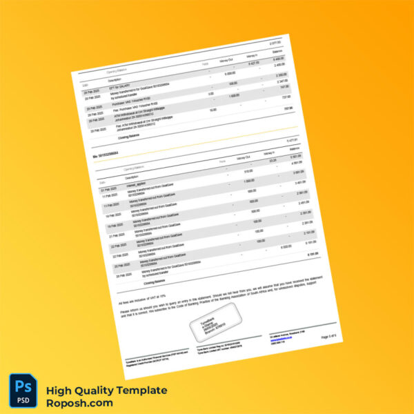 South Africa TymeBank Personal Bank Statement Template in Word and PDF formats 6 page