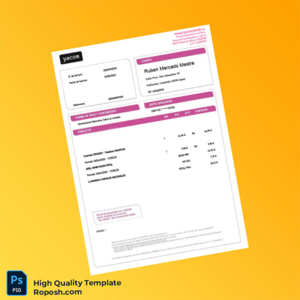 Spain France Telecom Editable Utility Bill Template in Word and PDF formats