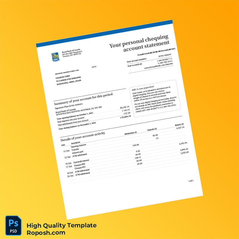 Spain RBC Royal Bank Account Statement Template in Word and PDF formats Spain RBC Royal Bank Account Statement Template in Word and PDF formats