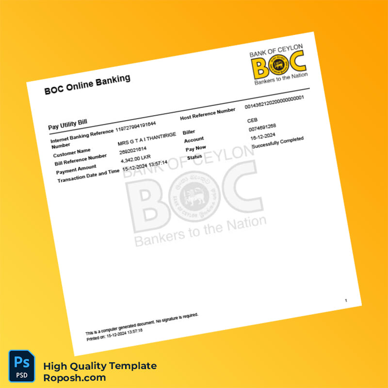 Sri Lanka Bank of Ceylon Editable Pay Utility Bill Template in Word and PDF formats Sri Lanka Bank of Ceylon Editable Pay Utility Bill Template in Word and PDF formats
