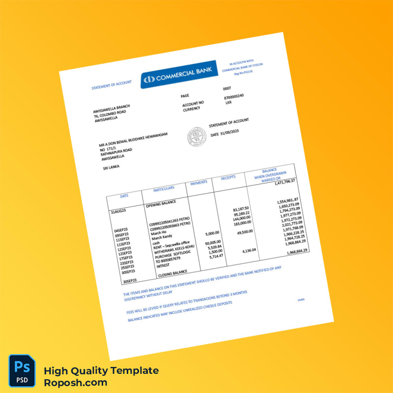Sri Lanka Commercial Bank Statement Template in Word and PDF formats Sri Lanka Commercial Bank Statement Template in Word and PDF formats