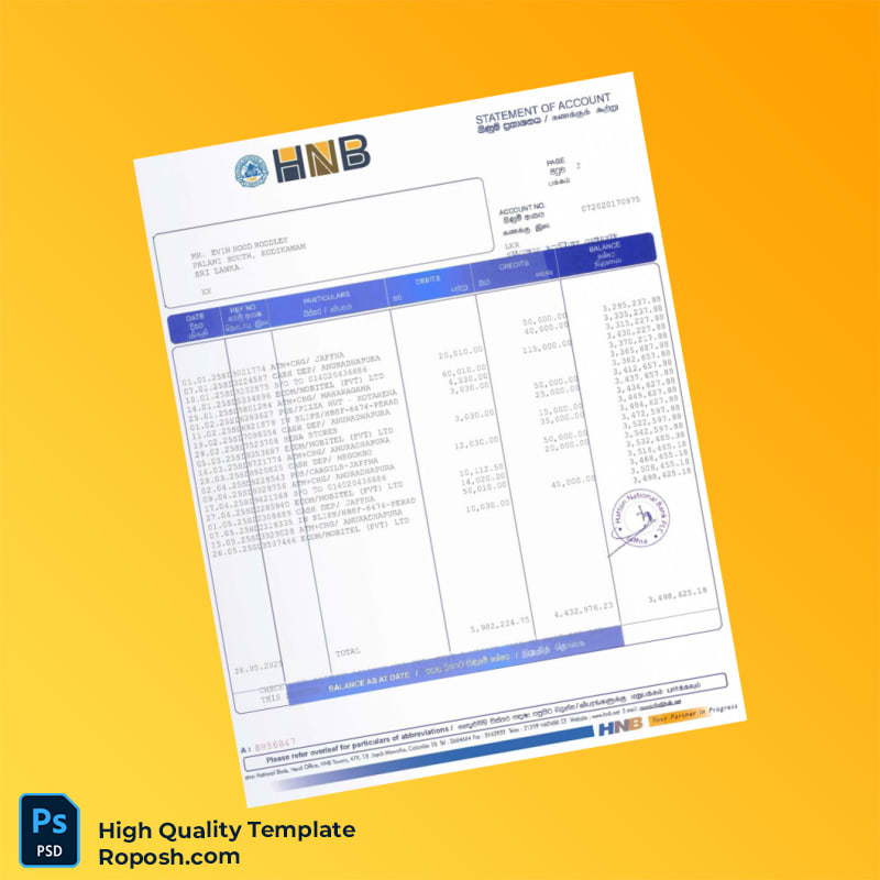 Sri Lanka HNB Bank Statement Template in Word and PDF formats 2 page Sri Lanka HNB Bank Statement Template in Word and PDF formats 2 page