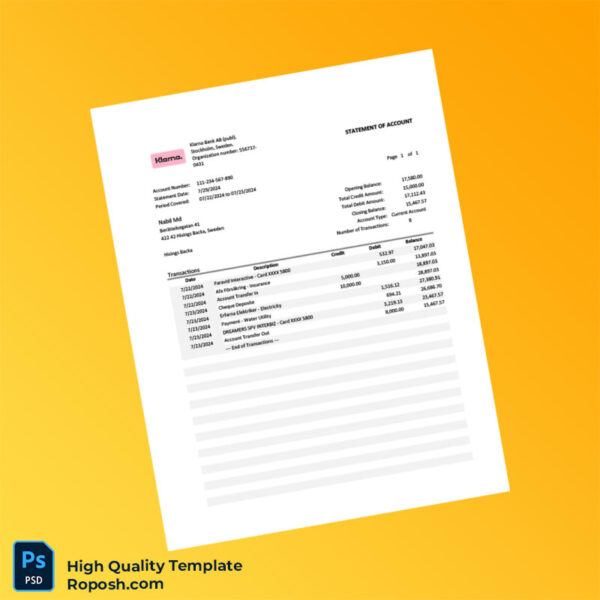 Sweden KLARNA Statement Of Account Template in Word and PDF formats