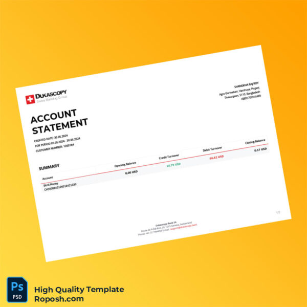 Switzerland Dukascopy Bank Statement Template in Word and PDF formats 2 page