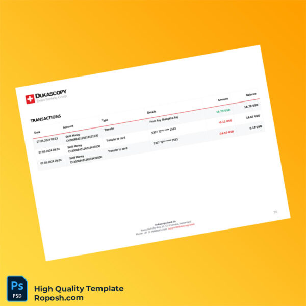 Switzerland Dukascopy Bank Statement Template in Word and PDF formats 2 page