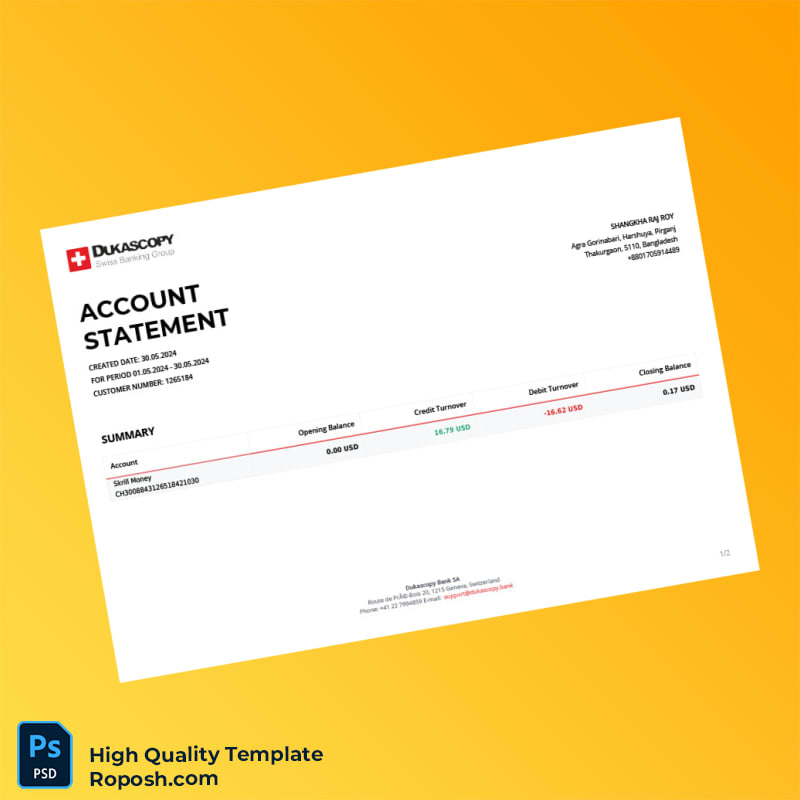 Switzerland Dukascopy Bank Statement Template in Word and PDF formats 2 page Switzerland Dukascopy Bank Statement Template in Word and PDF formats 2 page