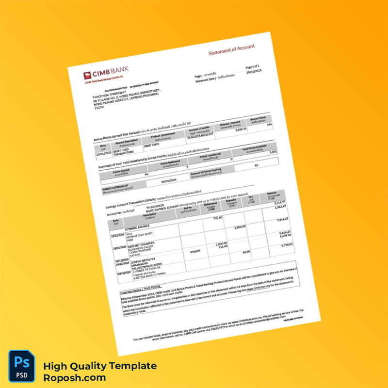 Thailand CIMB Bank Statement Template in Word and PDF formats Thailand CIMB Bank Statement Template in Word and PDF formats