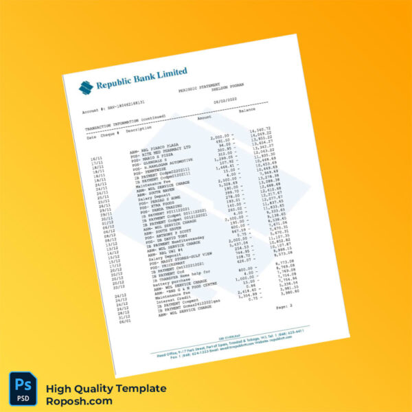Trinidad and Tobago Republic Bank Bank Statement Template in Word and PDF formats 3 page
