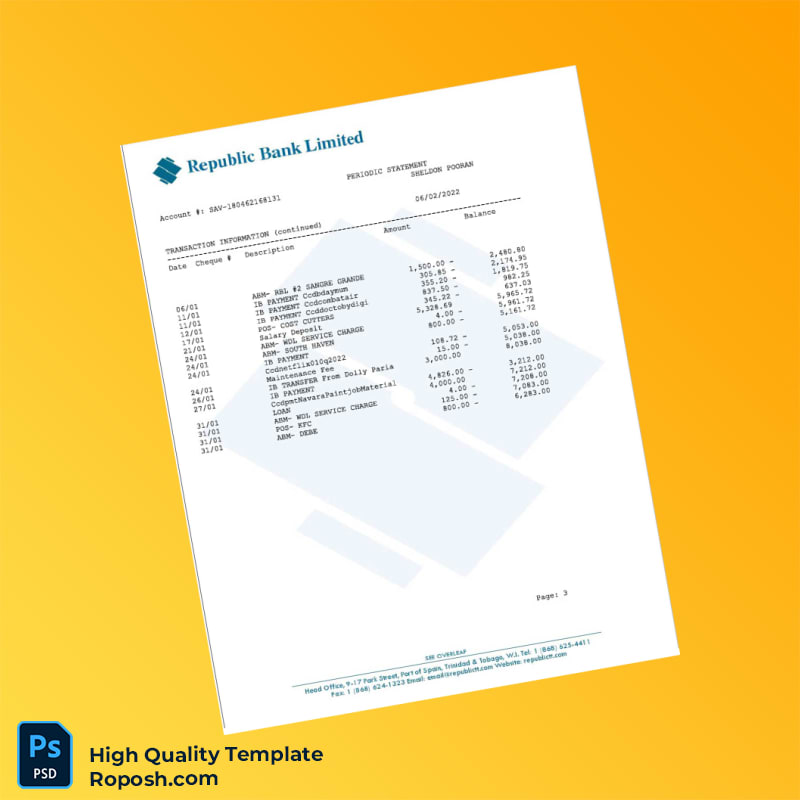Trinidad and Tobago Republic Bank Bank Statement Template in Word and PDF formats 3 page Trinidad and Tobago Republic Bank Bank Statement Template in Word and PDF formats 3 page