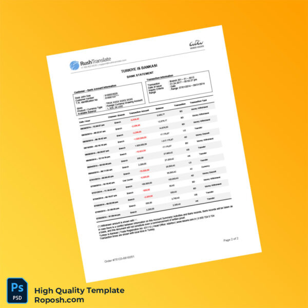 Turkey Bank Statement Template in Word and PDF formats 2 page