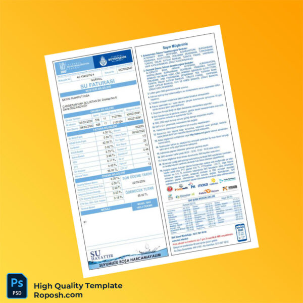 Turkey Editable Water Bill Template in Word and PDF formats