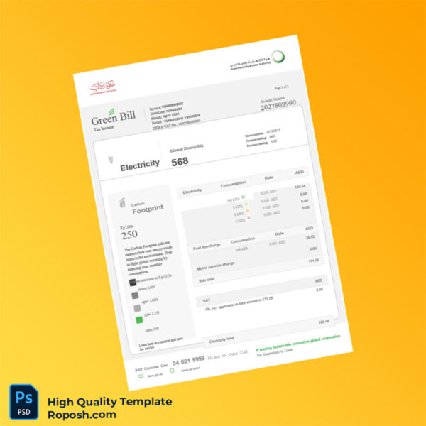UAE DEWA Editable Electricity Bill Template in Word and PDF formats