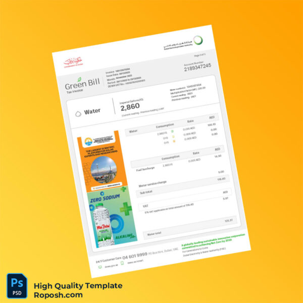 UAE Dubai Electricity And Water Authority Editable Invoice Template in Word and PDF formats 3 page