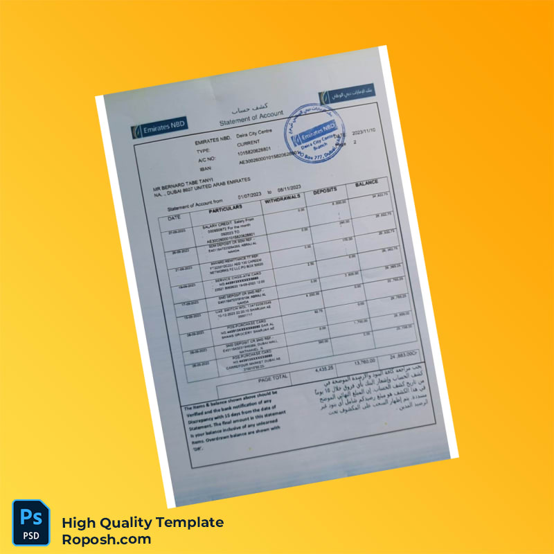 UAE Emirates NBD Statement of Account Template in Word and PDF formats 4 page UAE Emirates NBD Statement of Account Template in Word and PDF formats 4 page